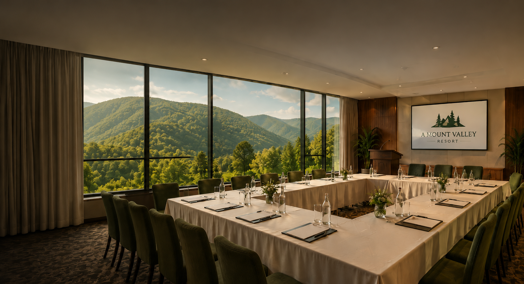 Boardroom-style conference table with mountain valley views at A Mount Valley Resort